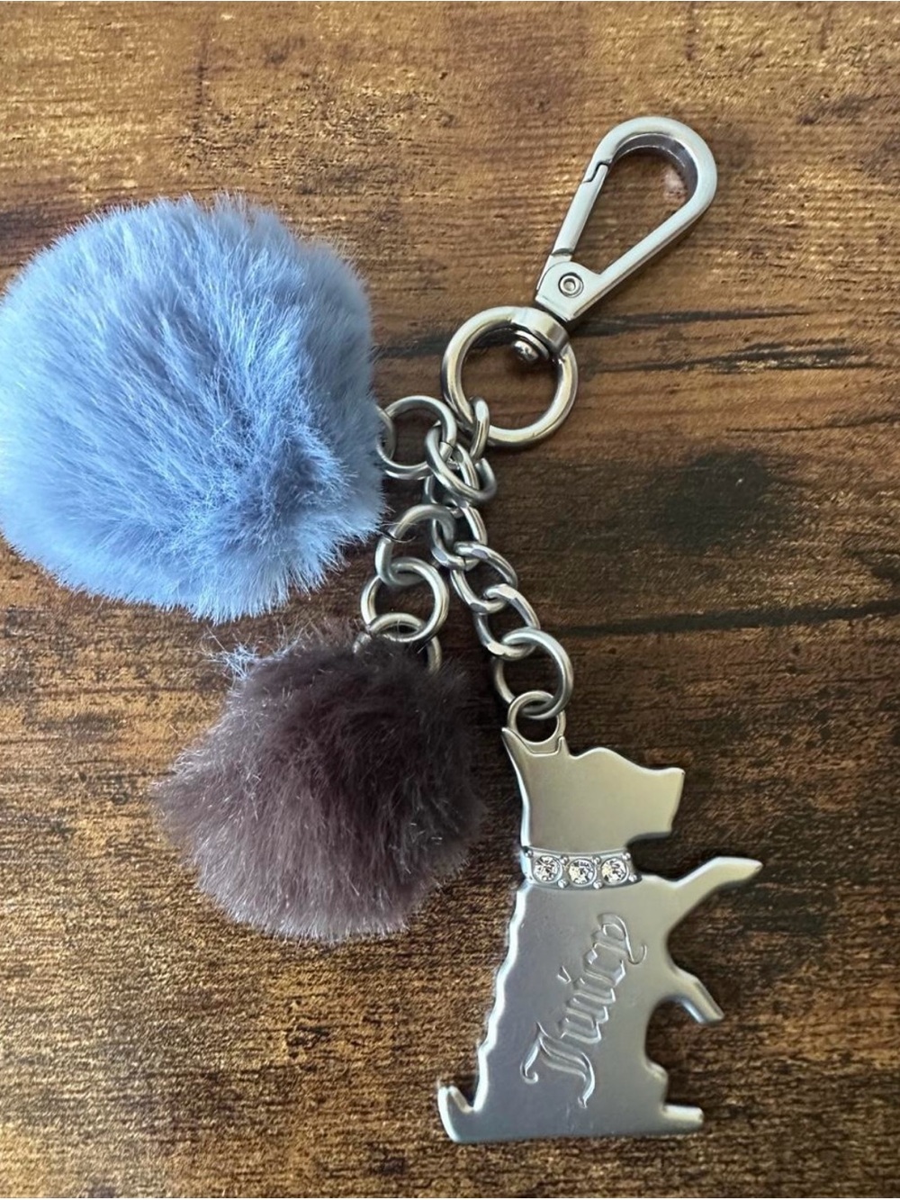 Juicy Couture Bag Charm Keychain with Silver Dog & Blue & Brown Pom Poms NWOT
